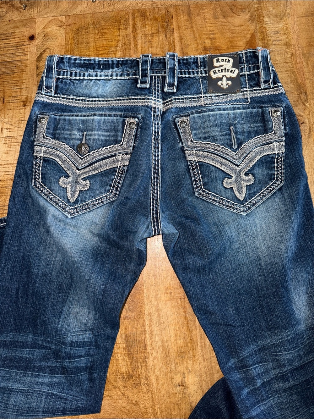 Rock Revival Slim Straight Men’s Jeans in Distressed Blue Denim - Picture 6 of 8